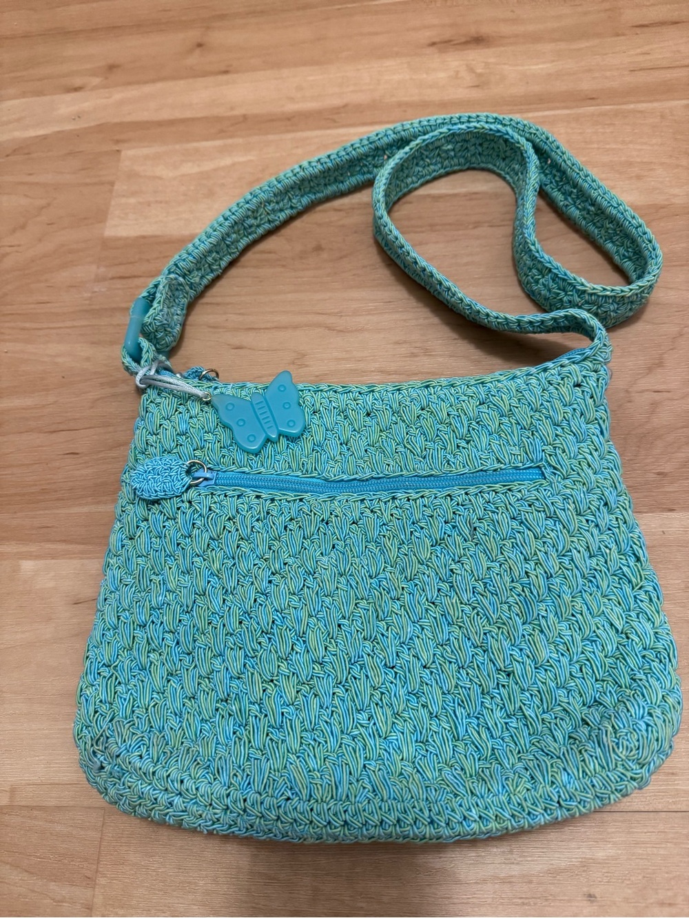 Y2K Macrame Crochet Medium Teal Pastel Purse Large with Butterfly Bag Charm